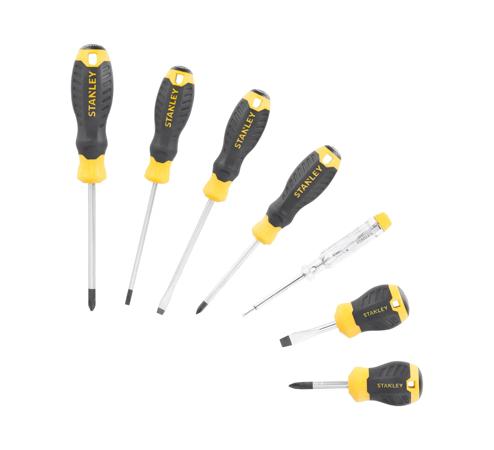 STANLEY STHT16166-0 screwdriver set, yellow and black handles, flat and Phillips types, top view