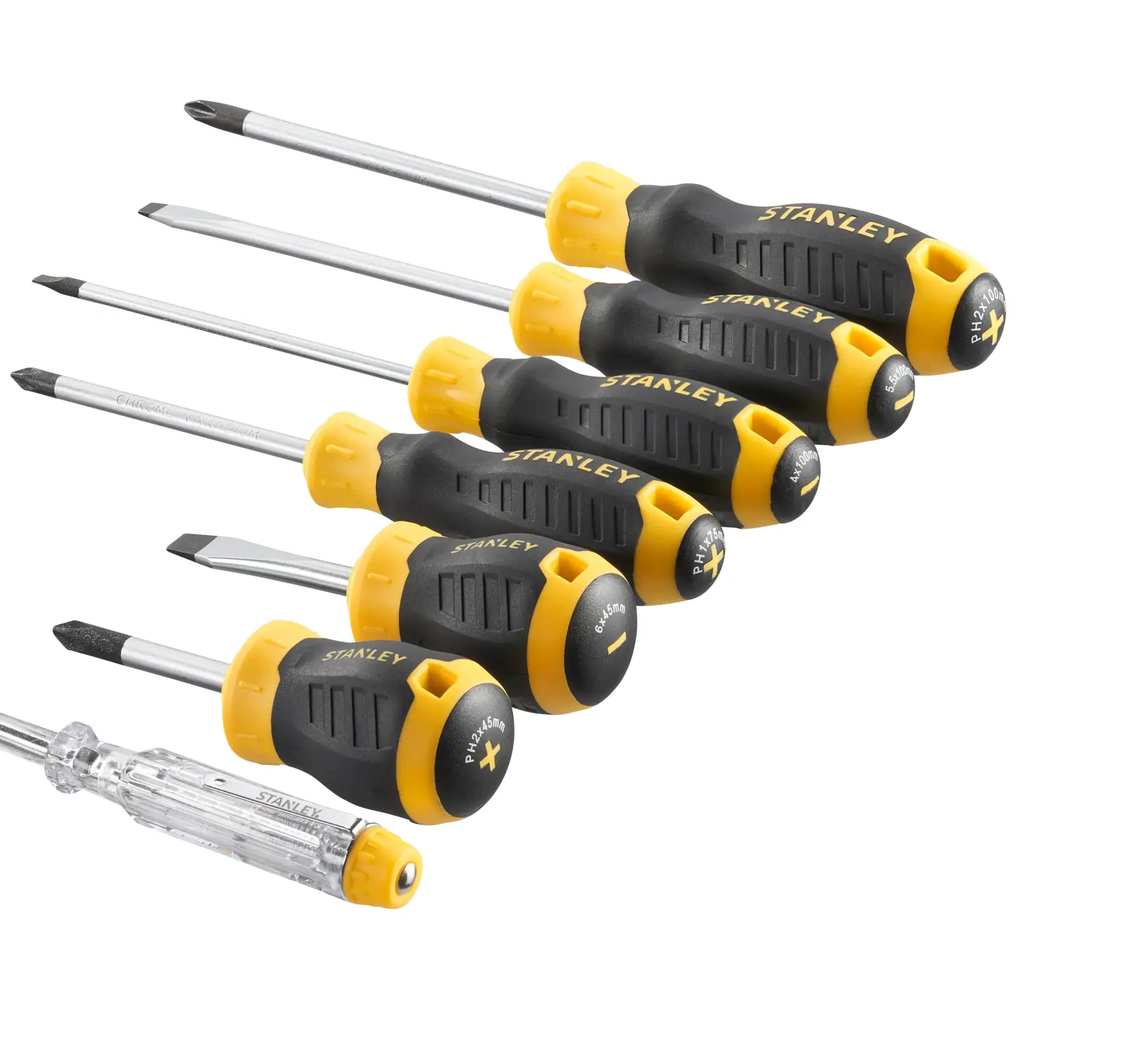 STANLEY STHT16166-0 screwdriver set, six black and yellow screwdrivers, side angle, white background