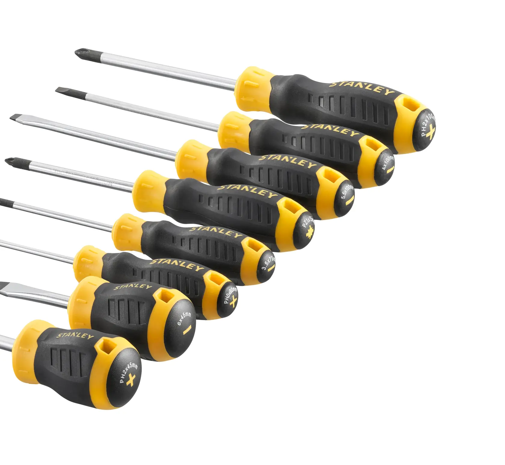 STANLEY STHT16167-0 screwdriver set, black and yellow handles, photography, angled on white background.