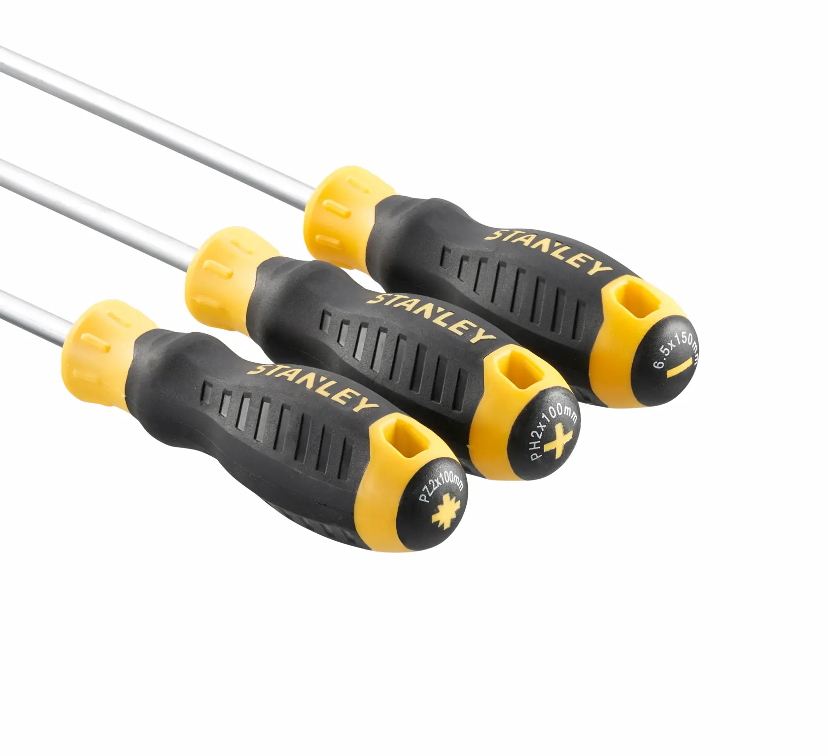 Photo of STANLEY STHT16168-0 screwdriver set, three black and yellow ergonomic handles, angled view.