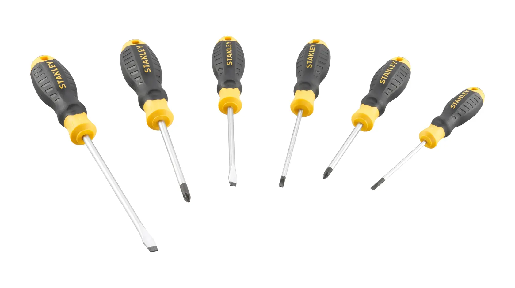 STANLEY STHT16172-0 screwdriver set, six pieces with black and yellow handles, front angle, white background.