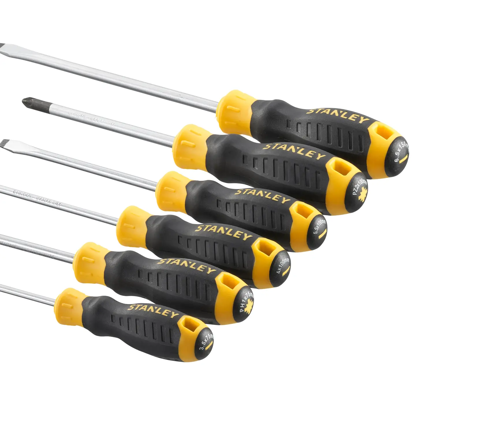 STANLEY STHT16172-0 screwdriver set with black and yellow handles, side angle photography.