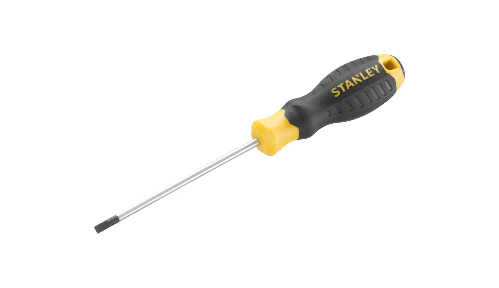 STANLEY STHT16195-0 flathead screwdriver with black and yellow handle, side angle, white background.