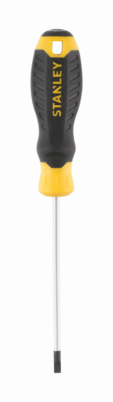 STANLEY STHT16195-0 flathead screwdriver with yellow and black handle, front angle, on white background.