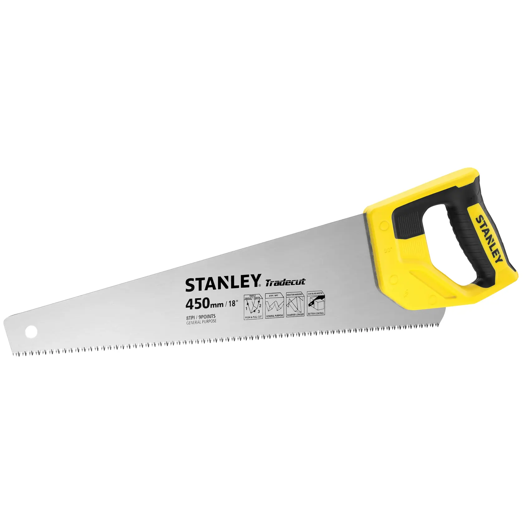 Photo of STANLEY STHT20354-1 hand saw with yellow and black handle, 450mm blade, shown on white background.