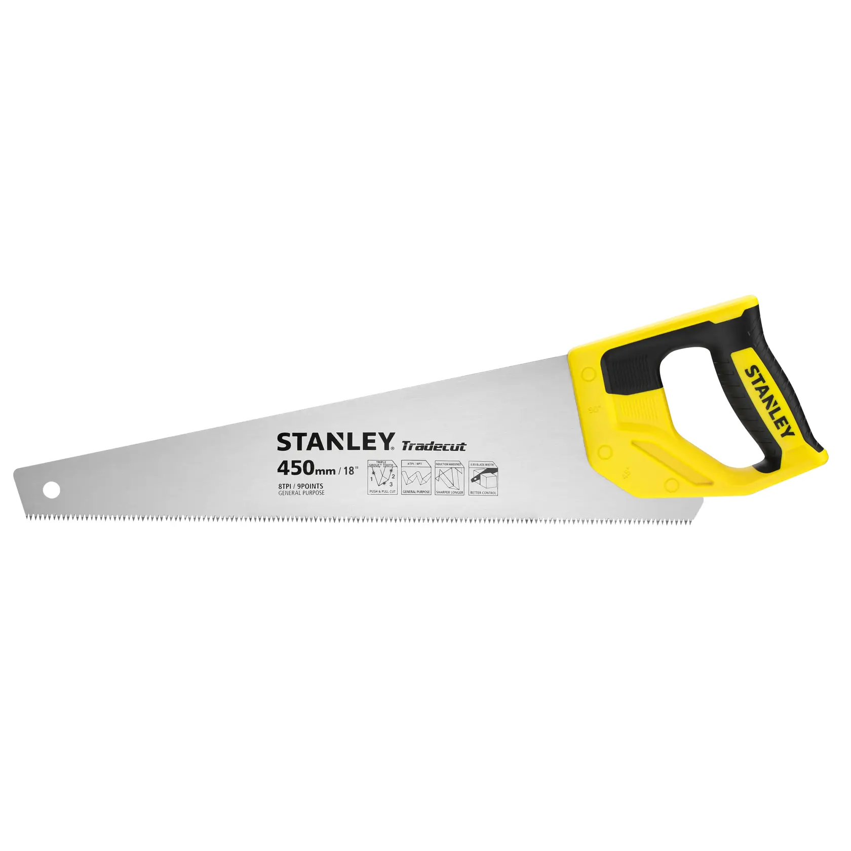 Stanley hand saw with yellow handle and 450mm blade for general purpose cutting.