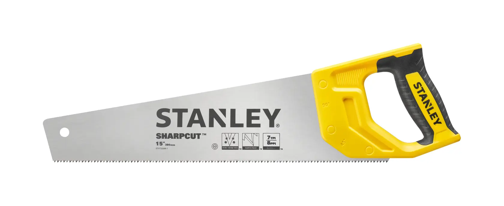Stanley STHT20366-1 hand saw with yellow handle, side view, photography on white background.