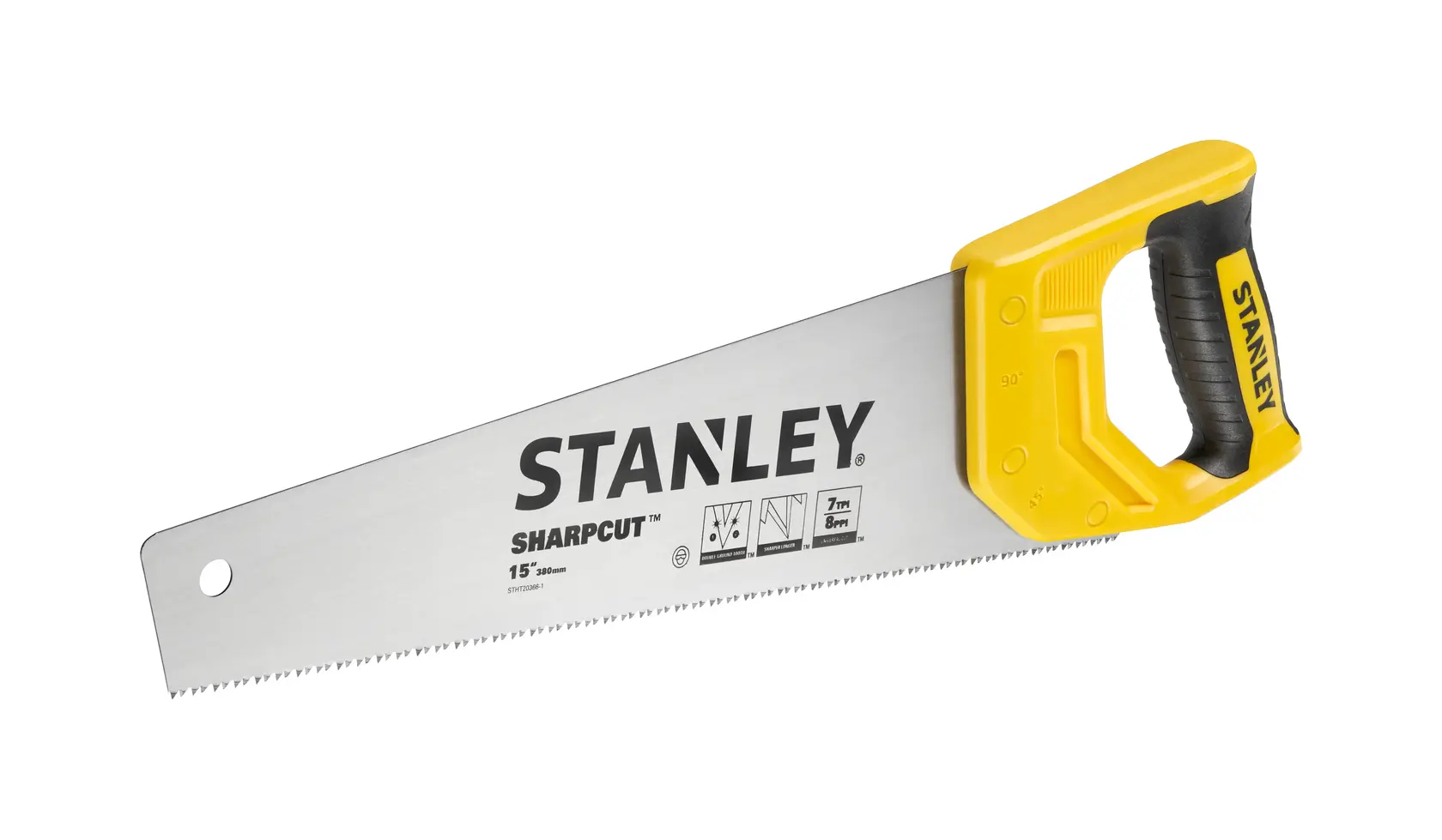 STANLEY STHT20366-1 hand saw with yellow handle, silver blade, right side angle on white background.