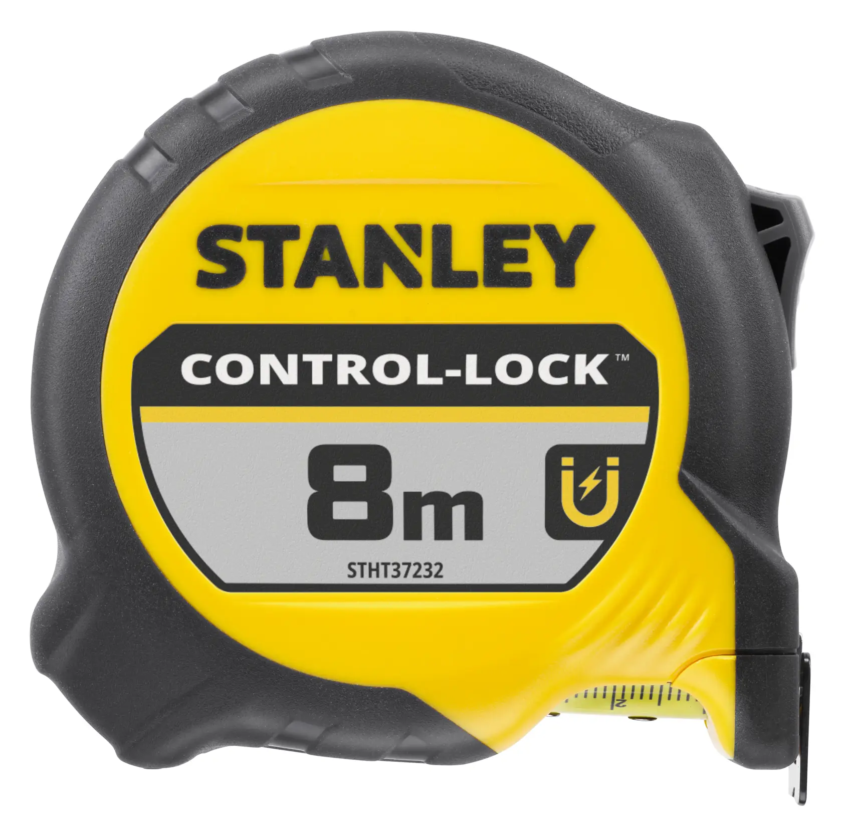 STANLEY STHT37232-0 tape measure, yellow and black, 8m CONTROL-LOCK, front angle, photography.