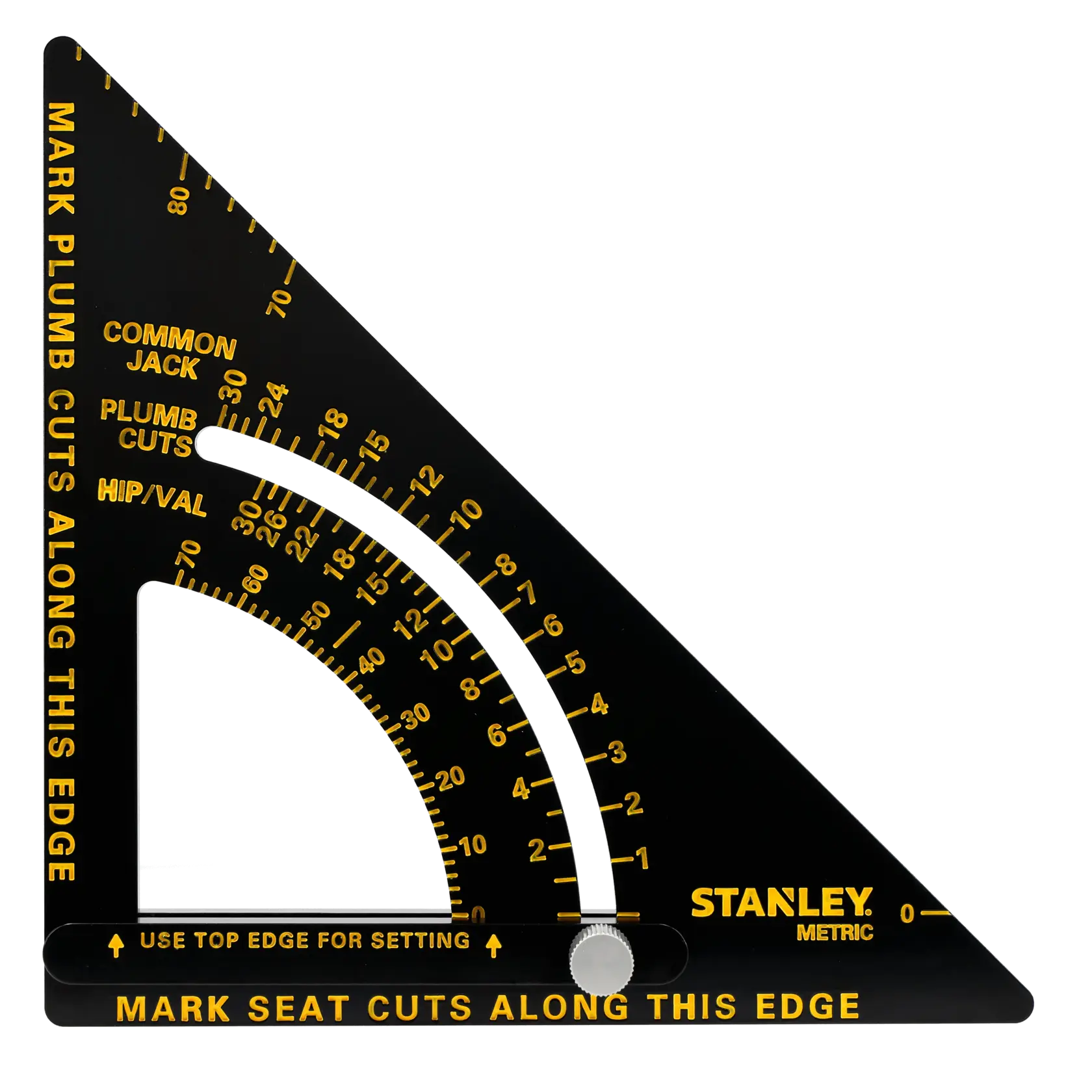STANLEY STHT46056-0 black metric rafter square, yellow markings, photography of front angle on white background.