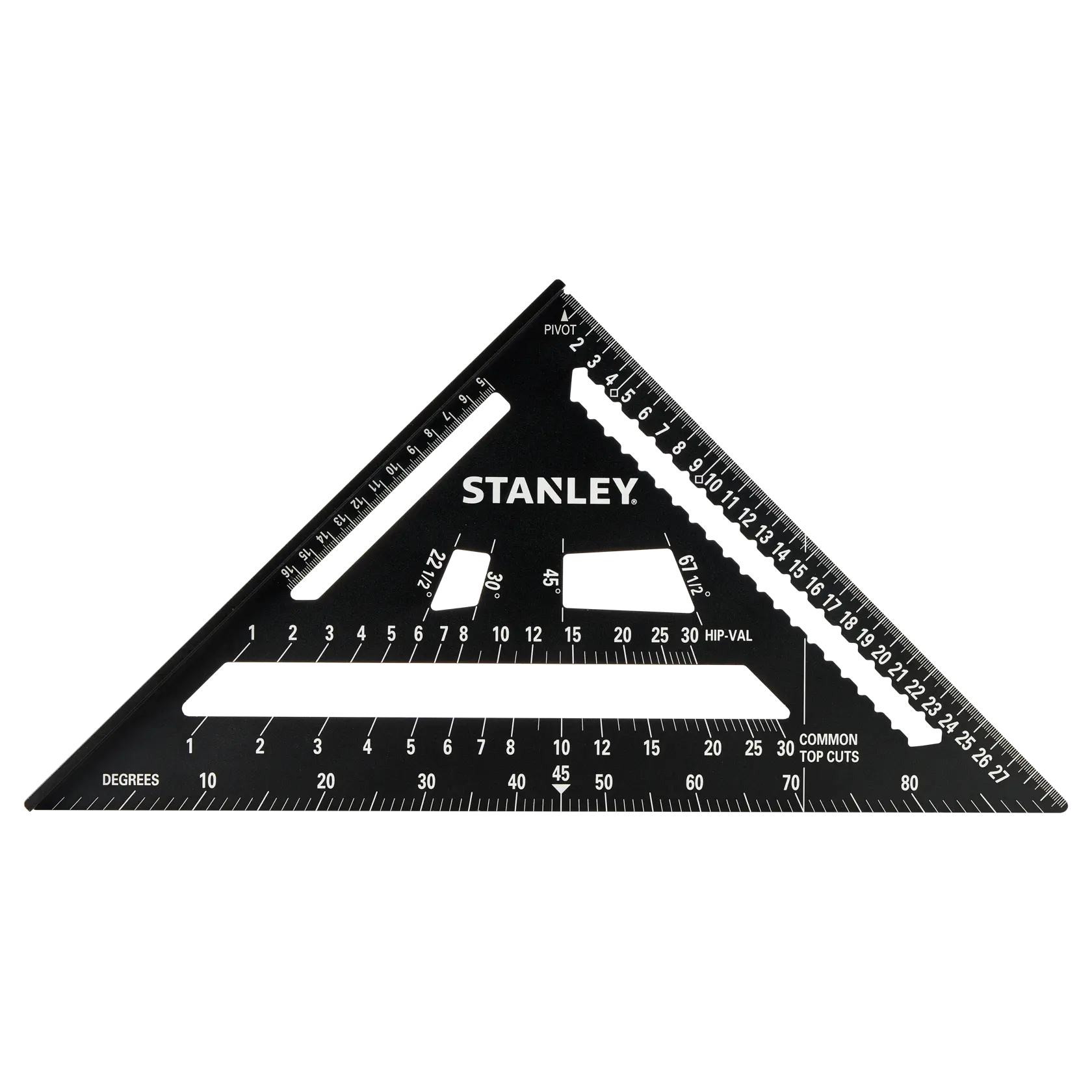 STANLEY STHT46102-0 photography of black triangular rafter square with white measurement markings, front angle.