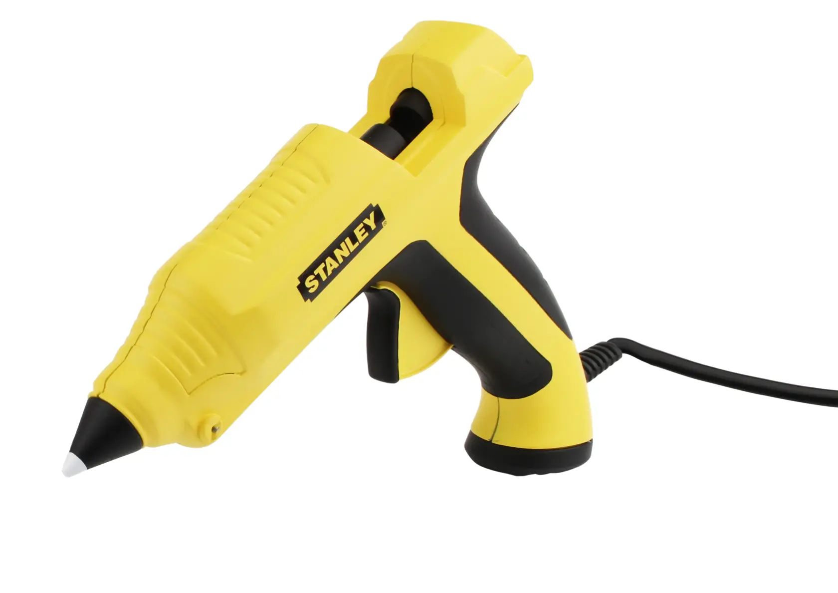 Yellow Stanley electric glue gun with trigger and cord, designed for crafting and repairs.