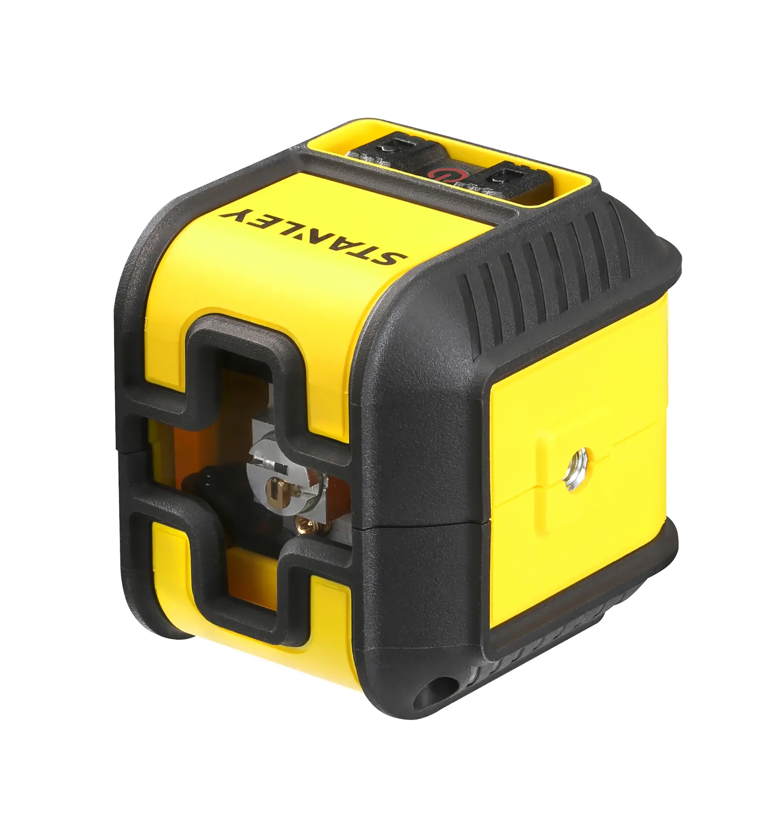 STANLEY STHT77498-1 yellow and black cross line laser level, angled view on white background.