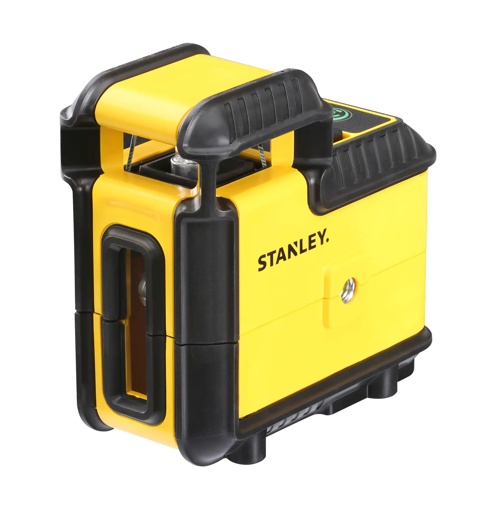 Stanley yellow and black laser level device, compact and durable, used for precise alignment in photography.