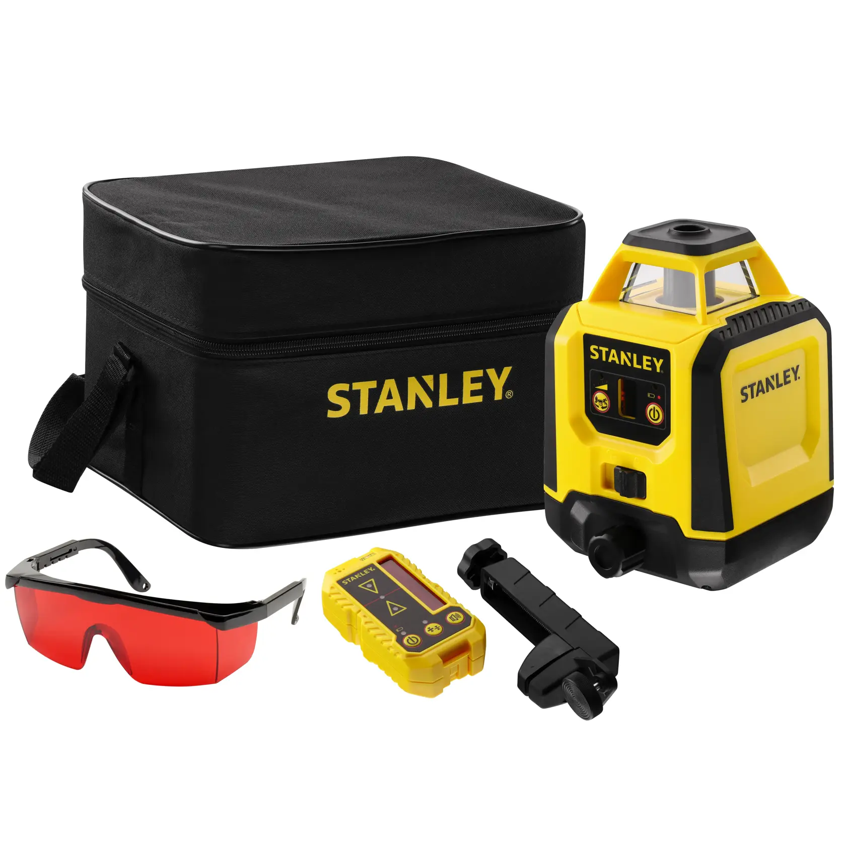 Photo of STANLEY STHT77616-0 rotary laser level kit with case, red glasses, detector, and bracket on white background.