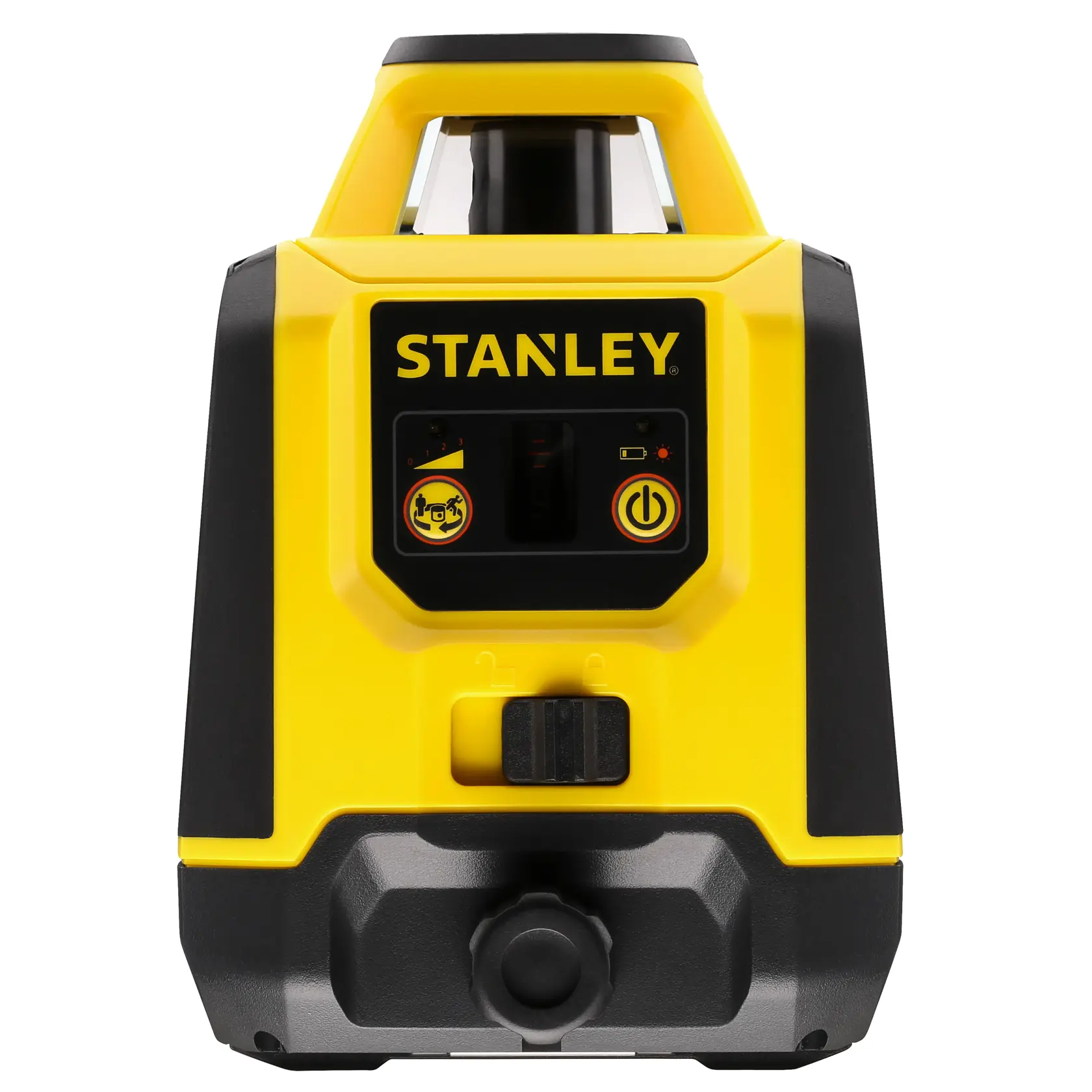 STANLEY STHT77616-0 yellow and black rotary laser level, front view on white background.