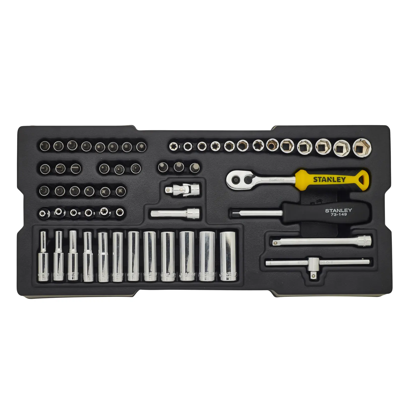 Photo of STANLEY STMT1-74175 socket and ratchet set with multiple sockets, ratchets, and accessories in a black tray, top view.