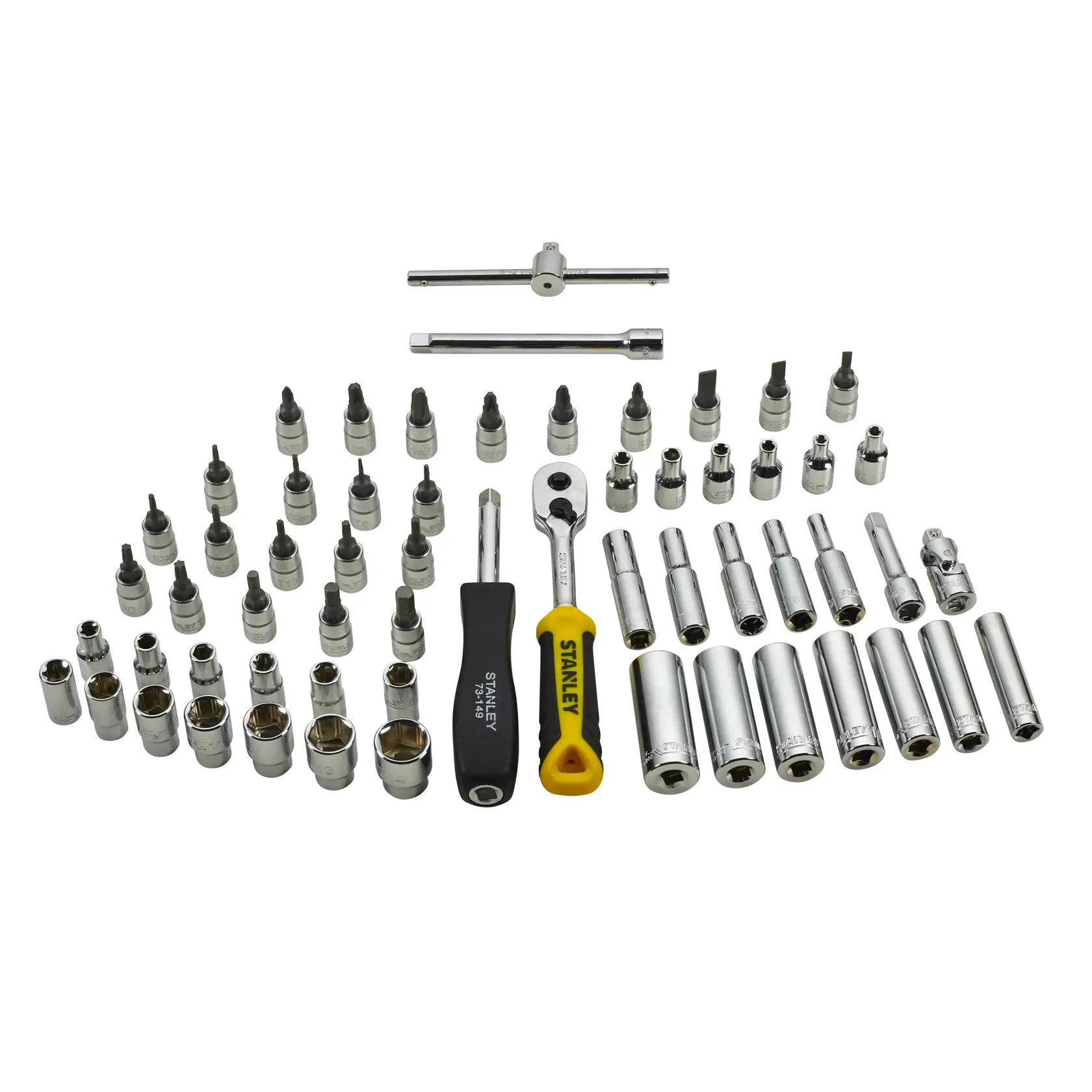 Stanley socket and ratchet set with various sizes and attachments, arranged on a white background.