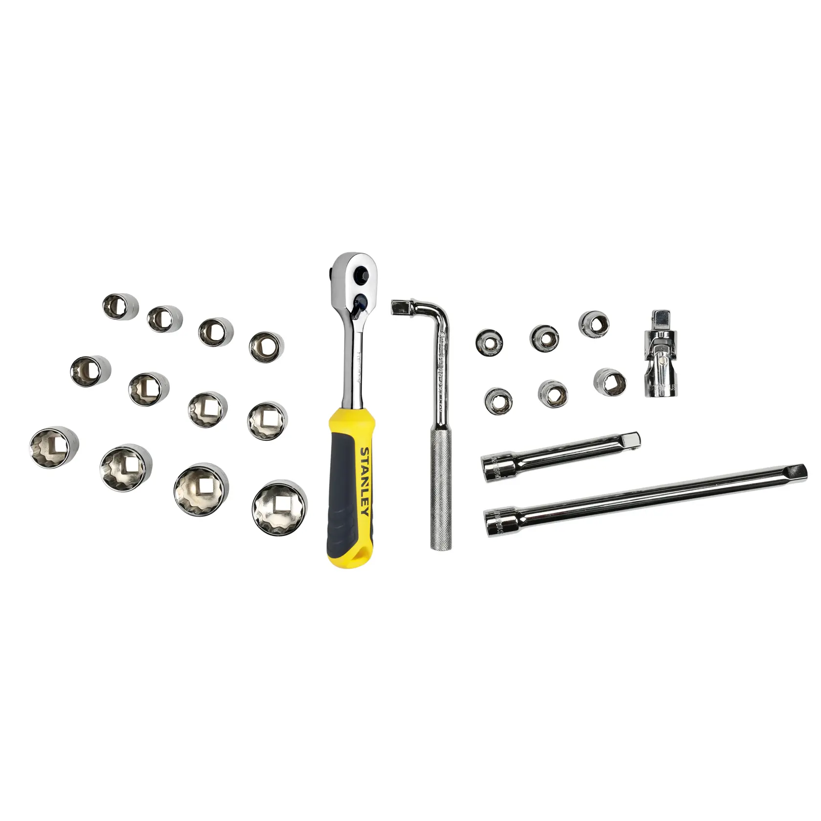 STANLEY STMT1-74726 socket set with ratchet, extension bars and sockets, top view on white background.