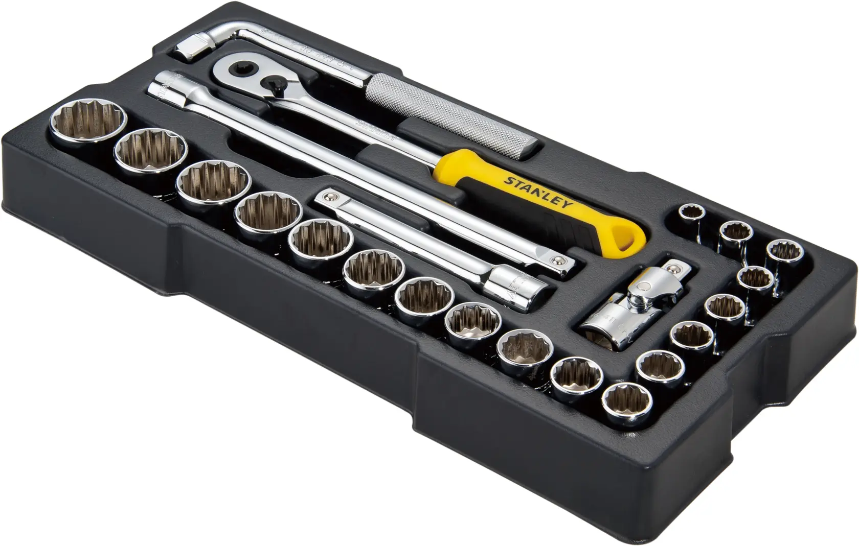 STANLEY STMT1-74726 socket set with ratchet, extension bars, and sockets in black plastic tray, angled view.