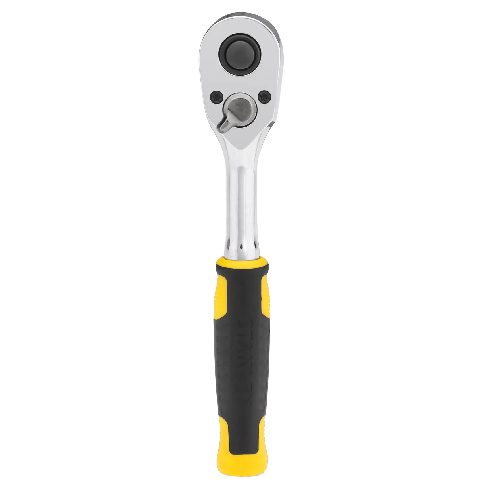 Photo of STANLEY STMT82663-0 ratchet wrench with black and yellow handle, front angle on white background.
