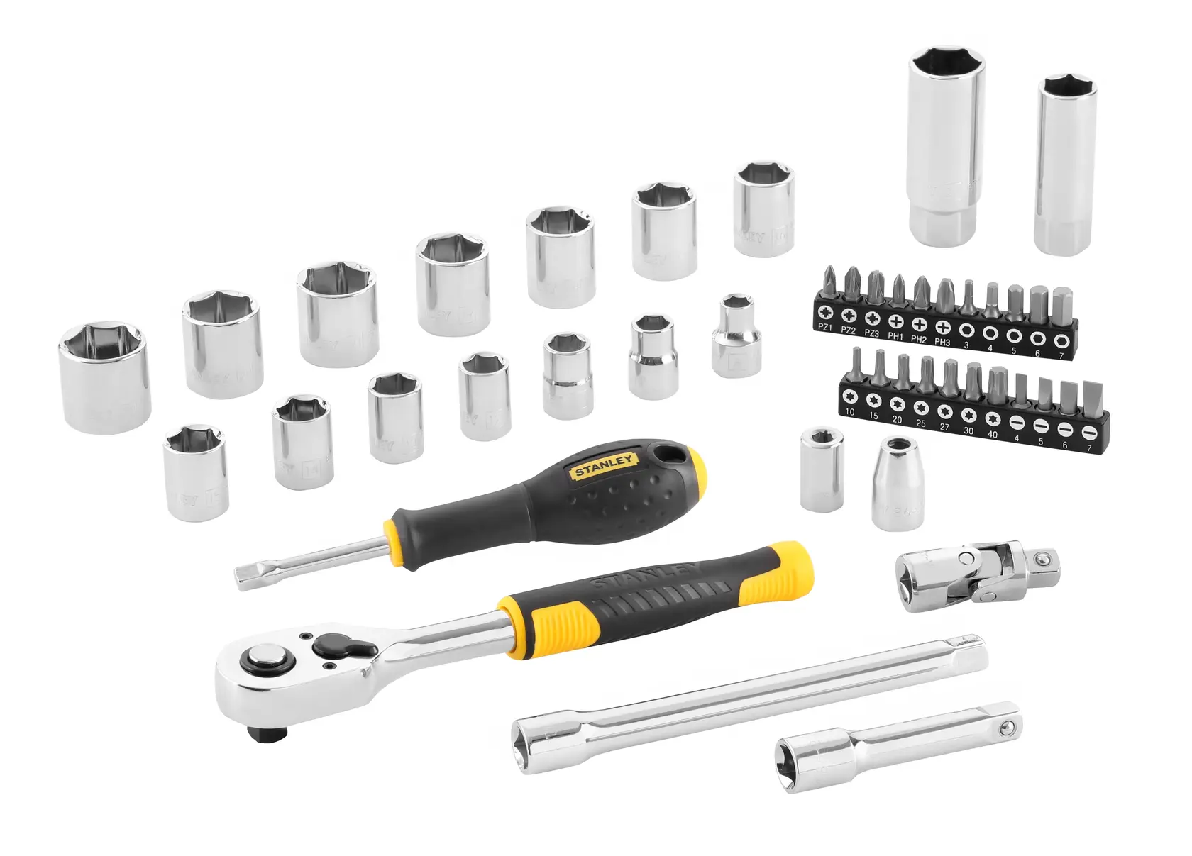STANLEY STMT82829-1 socket and bit set with ratchet, screwdriver, and extension bars, product laid out front view.