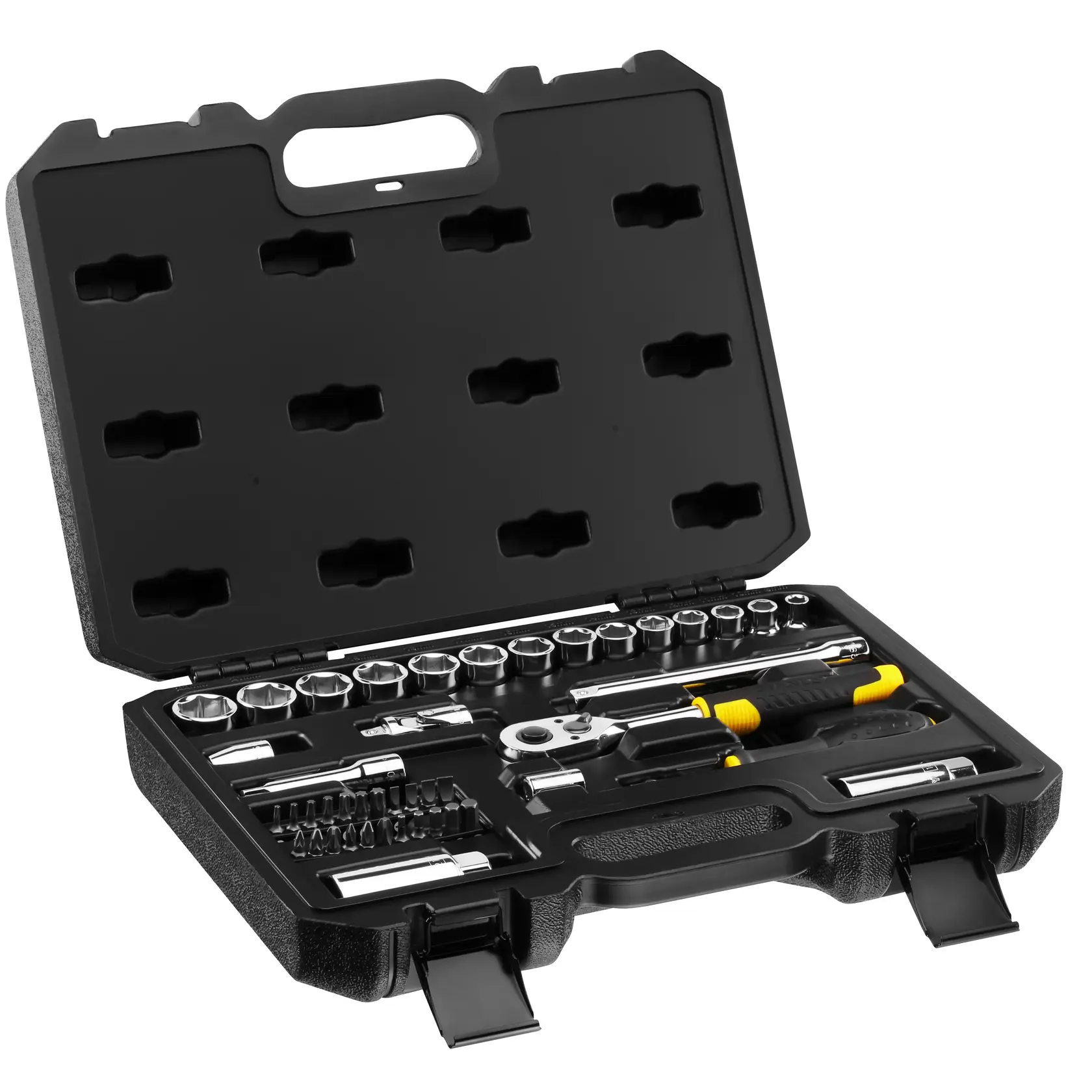 STANLEY STMT82829-1 socket set with ratchet, bits, and extensions in black hard case, angled view.