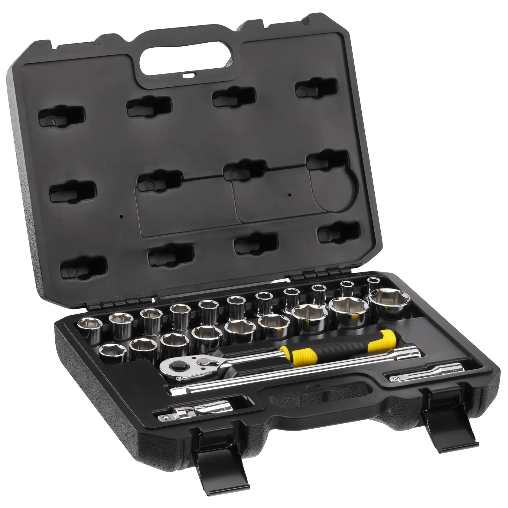 STANLEY STMT82830-1 socket set in black case with ratchet and sockets, angled view on white background.