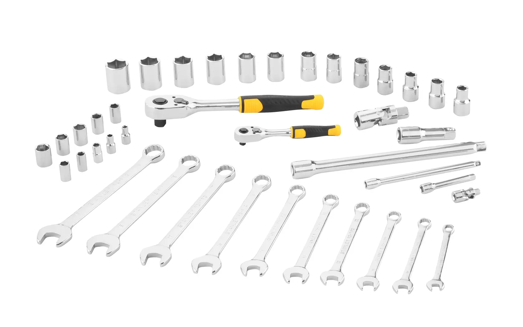 STANLEY STMT82832-1 socket and wrench set, chrome finish, assorted sizes, top view on white background.