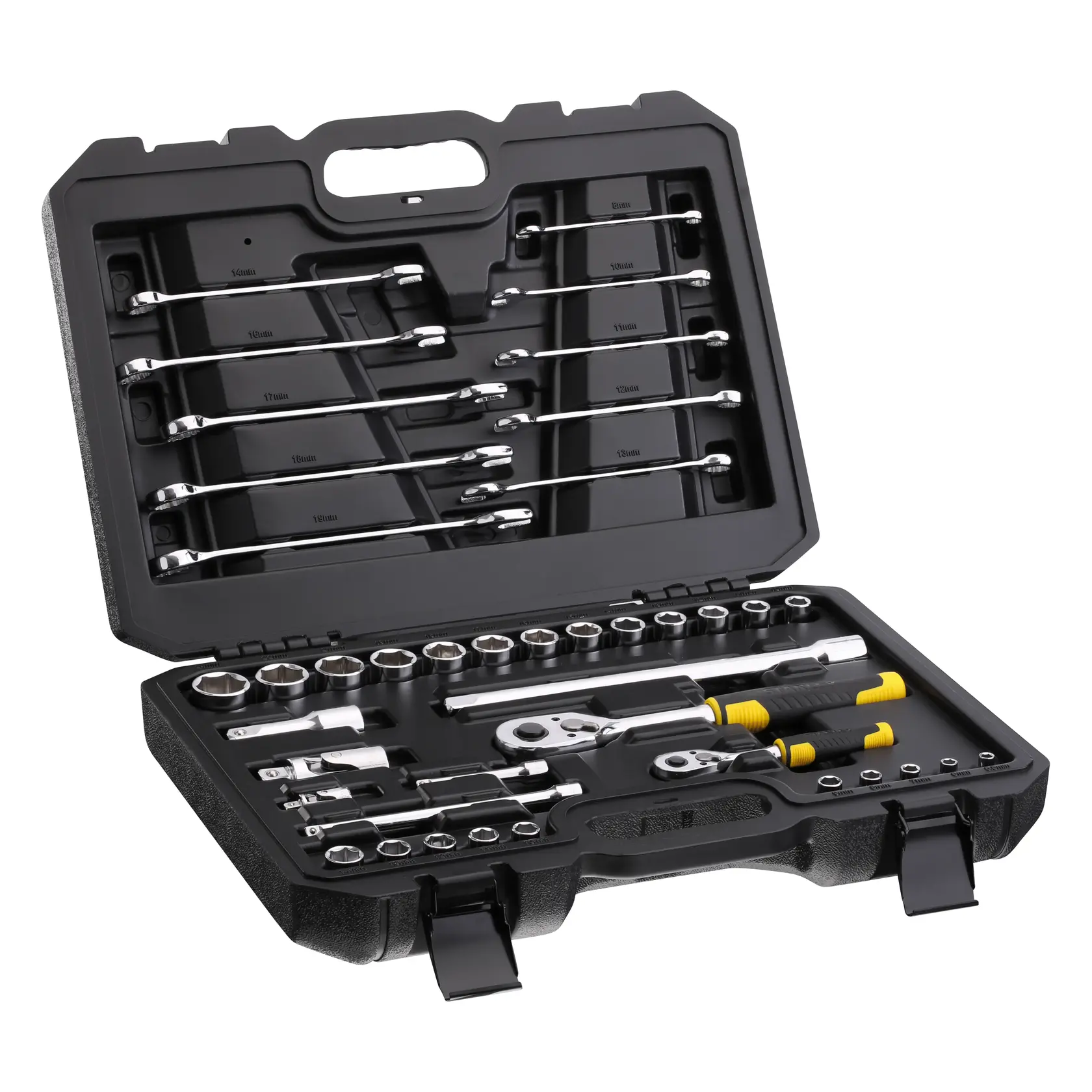 STANLEY STMT82832-1 tool set with wrenches, sockets, and ratchets in black plastic case, angled view.