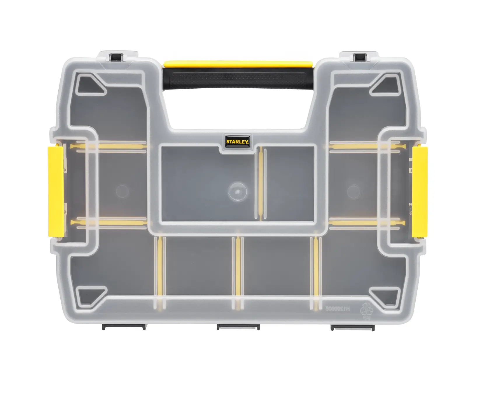 STANLEY STST1-70720 organizer with clear lid, yellow latches, and multiple compartments, front angle.