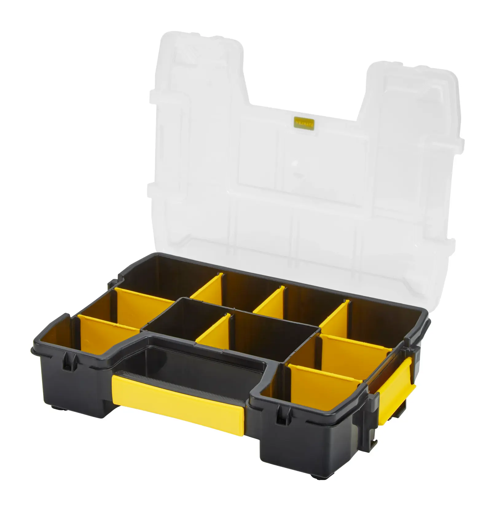 STANLEY STST1-70720 organizer with open lid, black and yellow compartment box, front angle, white background.