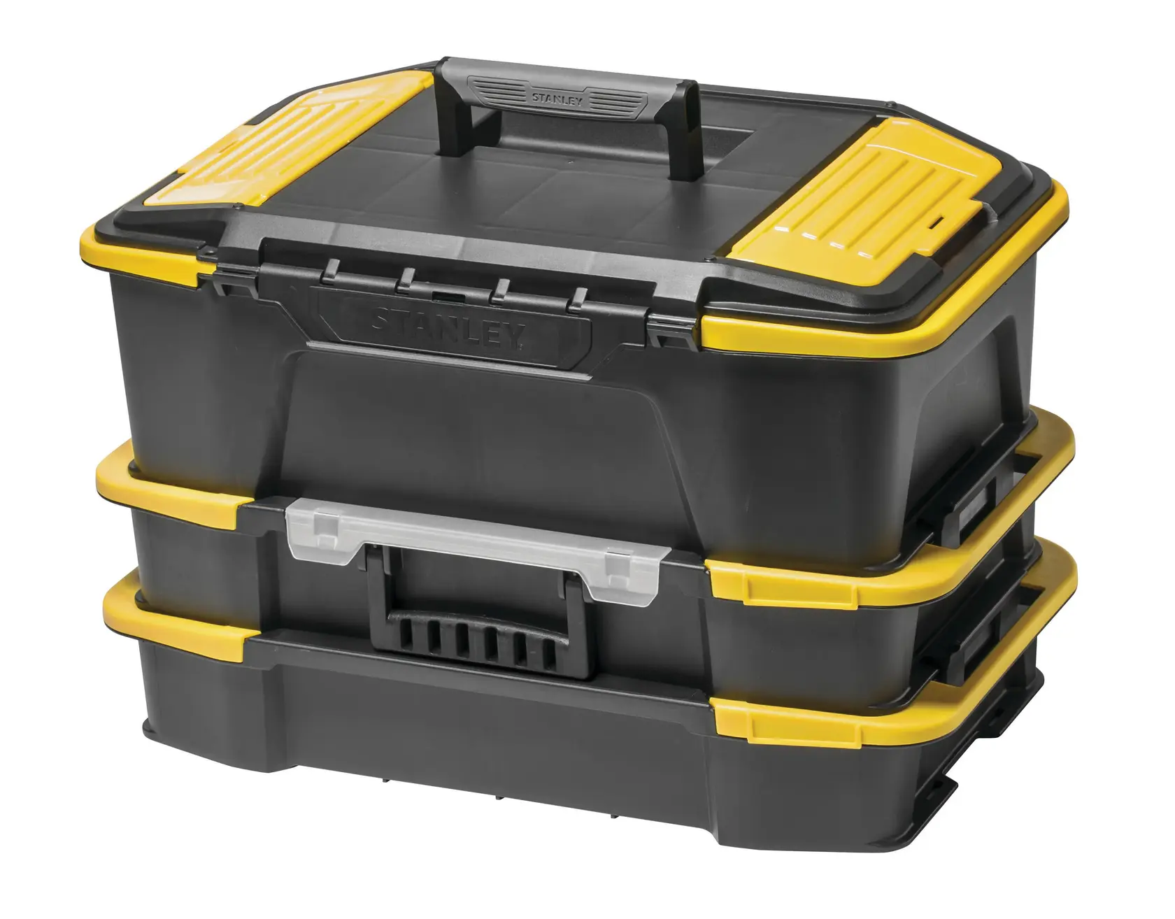 STANLEY STST1-71962 stackable black and yellow toolbox, side angle, durable plastic construction.