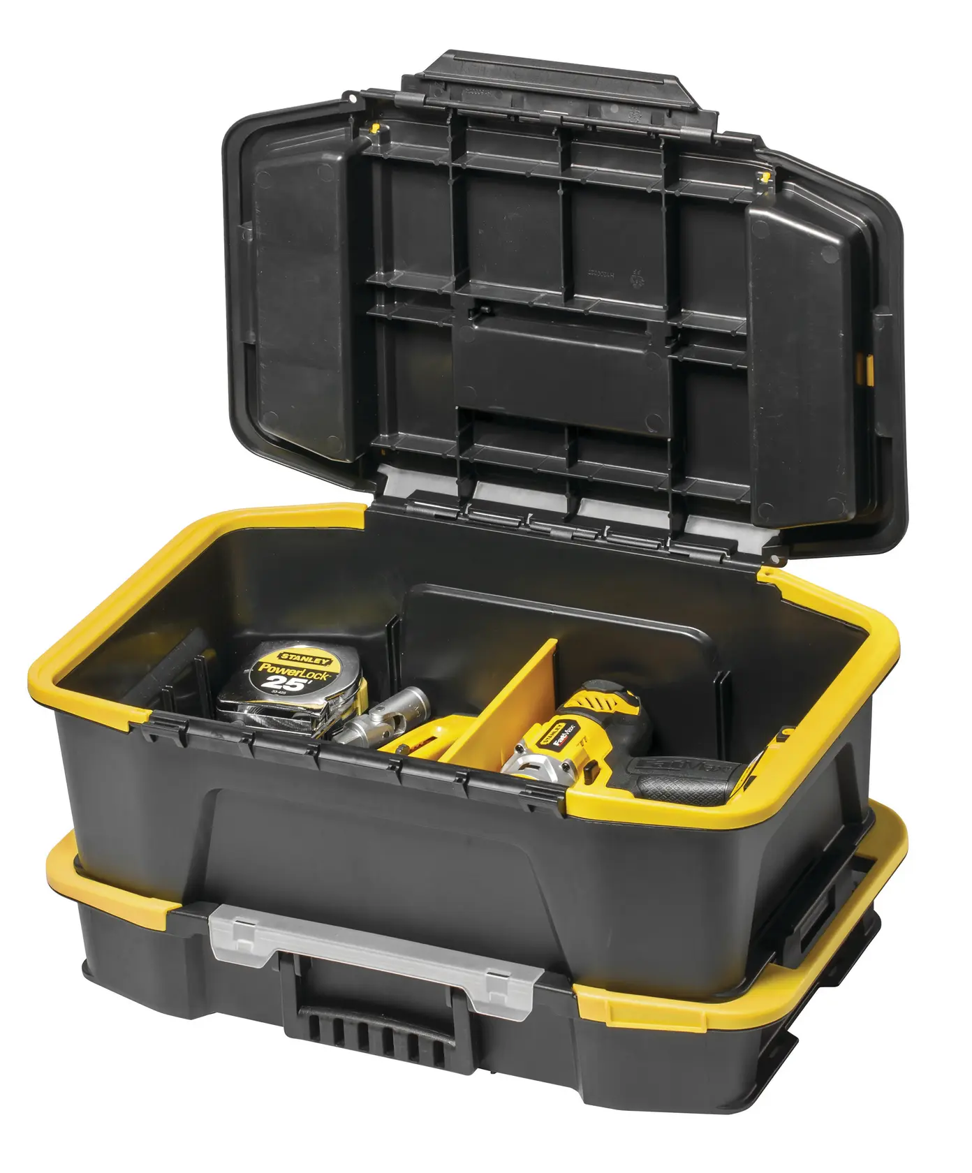 STANLEY STST1-71962 toolbox with open lid, black and yellow, showing organized hand tools, front angle.