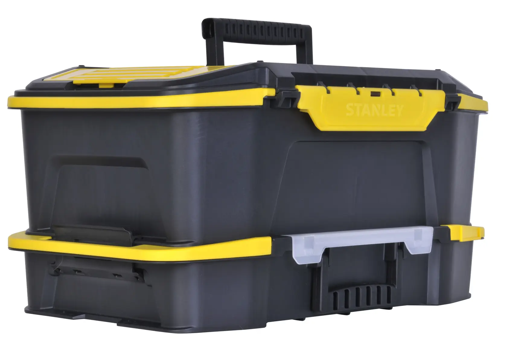 Stanley black and yellow toolbox with handle and storage compartments on top and bottom.