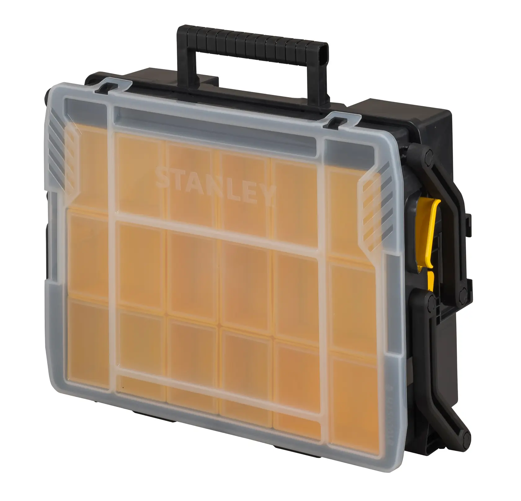 STANLEY STST1-75540 organizer box with clear lid, black handle, yellow latches, angled front photo.