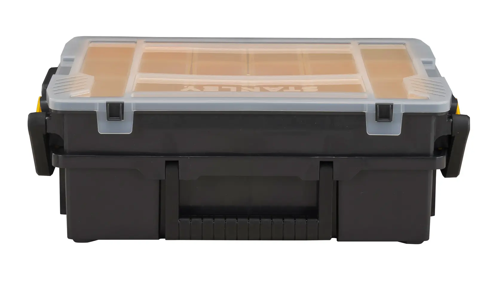 STANLEY STST1-75540 black organizer box with clear lid, front angle photo.