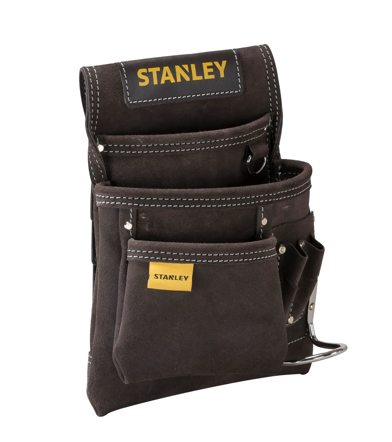 STANLEY STST1-80114 tool pouch, black suede leather, multiple pockets, front angle on white background.