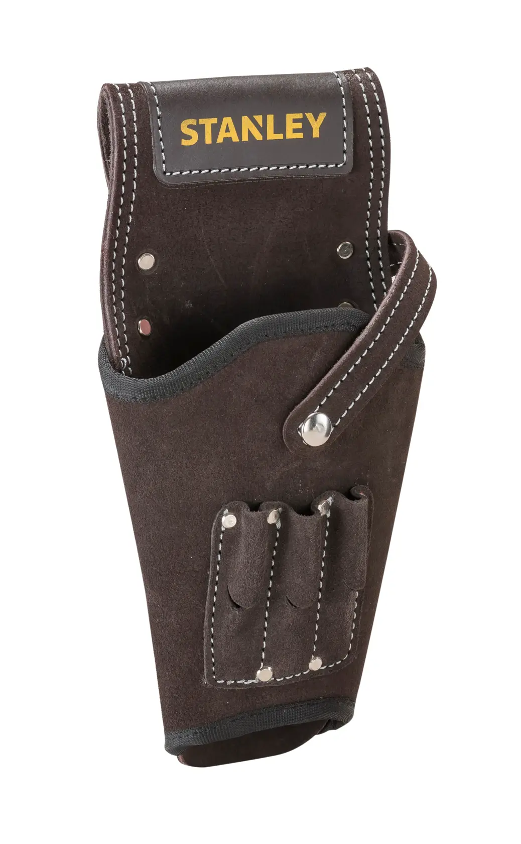 STANLEY STST1-80118 leather tool holster with multiple pockets, angled front view on white background.