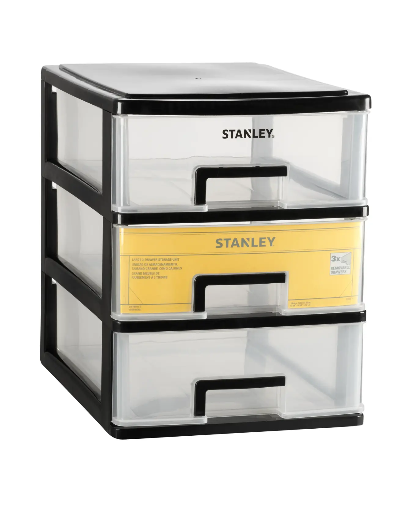 STANLEY STST40710-1 three-drawer storage unit, black and clear plastic, product photo, front angle.