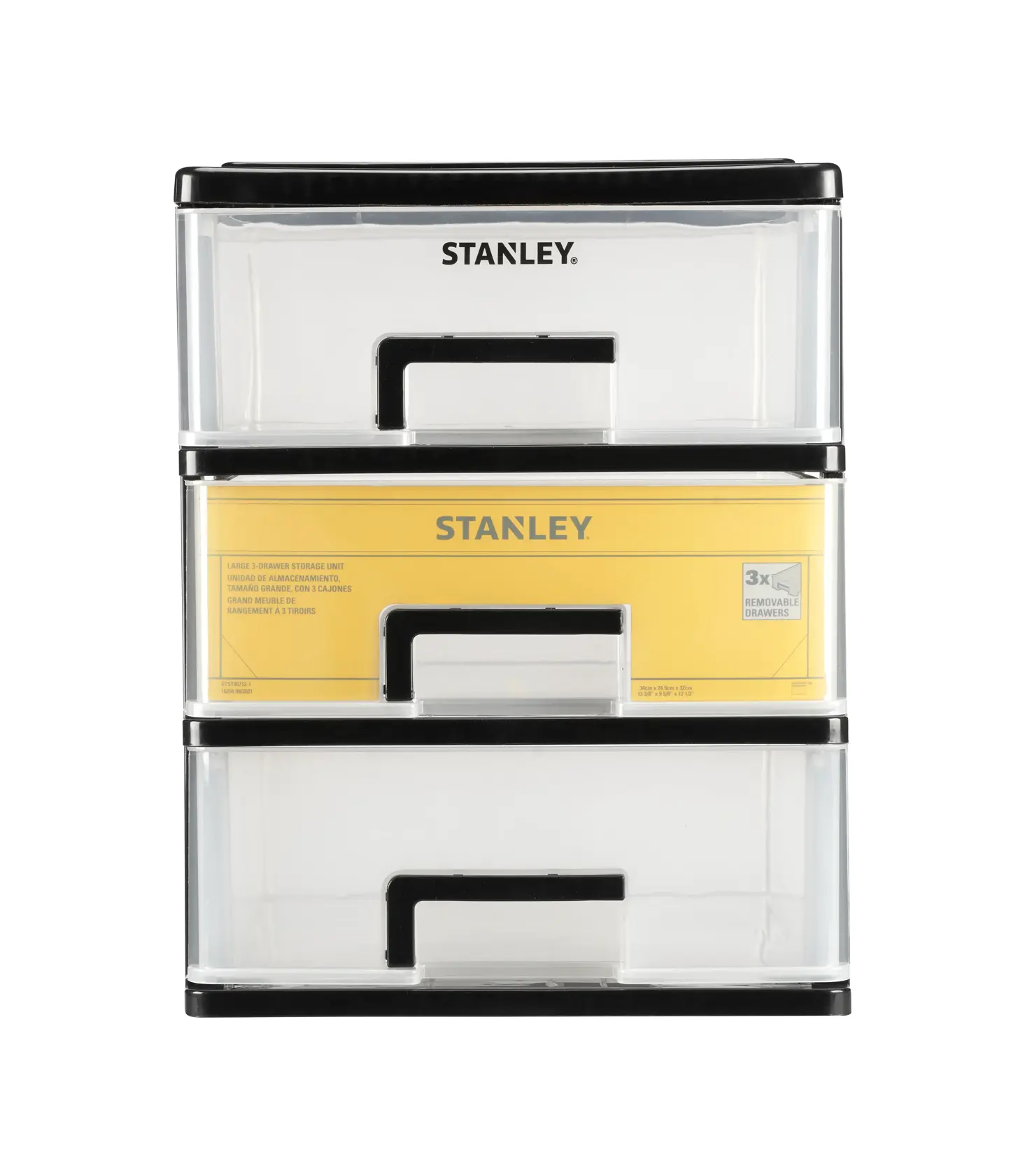 STANLEY STST40710-1 storage unit with three clear plastic drawers, black frame, front view on white background.