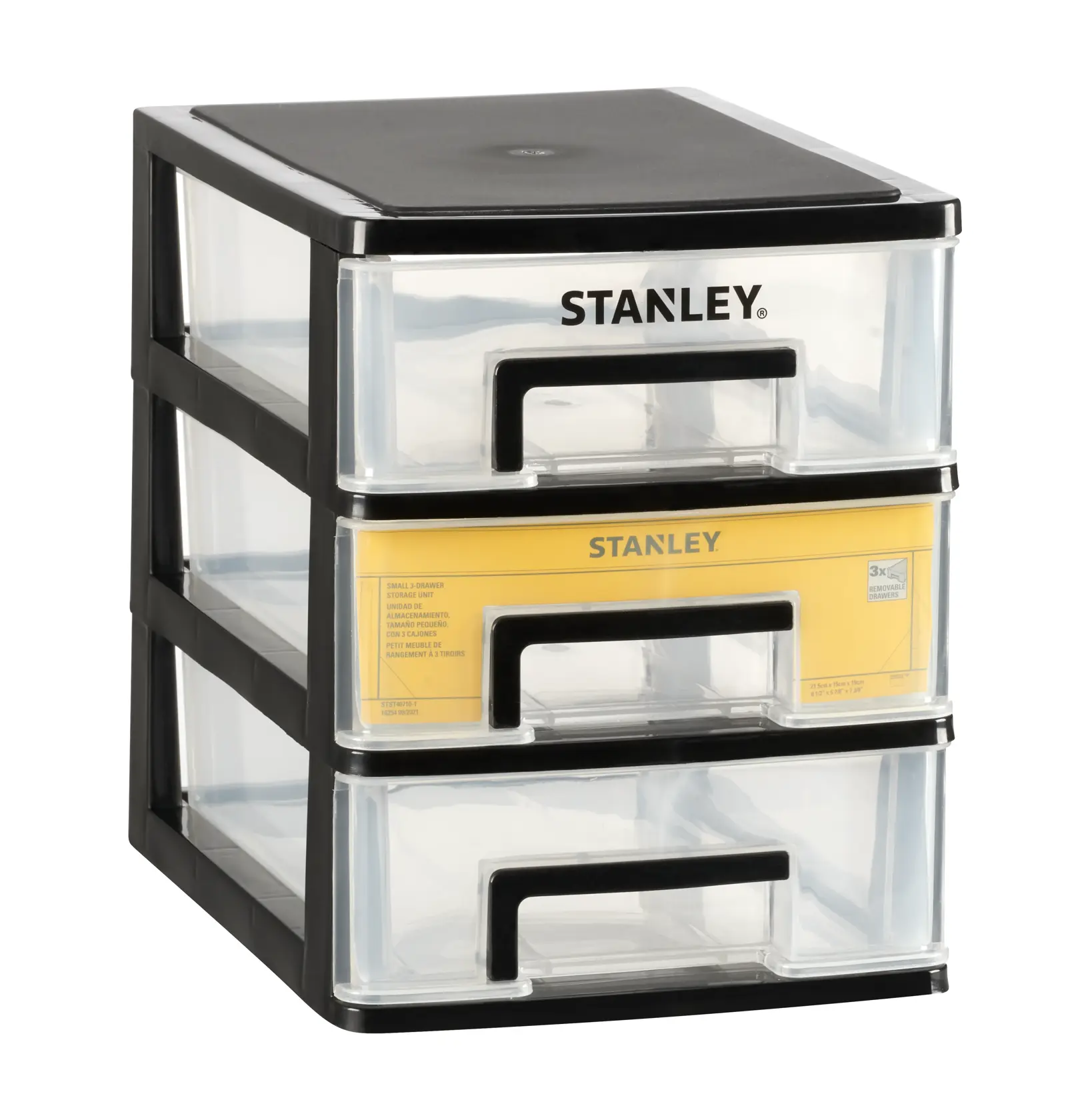 STANLEY STST40712-1 three-drawer small plastic storage unit, black frame with clear drawers, angled view.