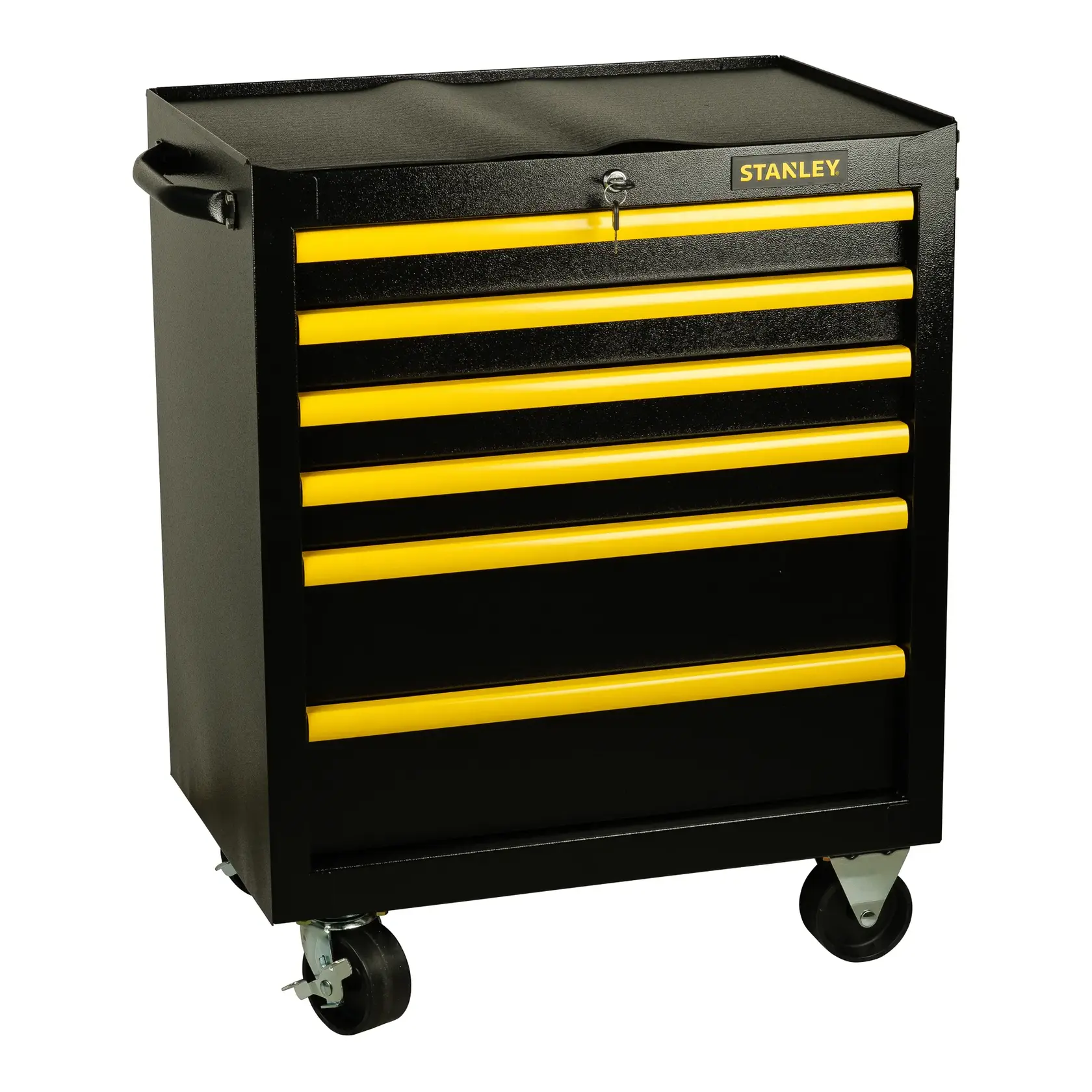 Stanley STST98182-1 black and yellow rolling tool chest with six drawers, front angle, white background.