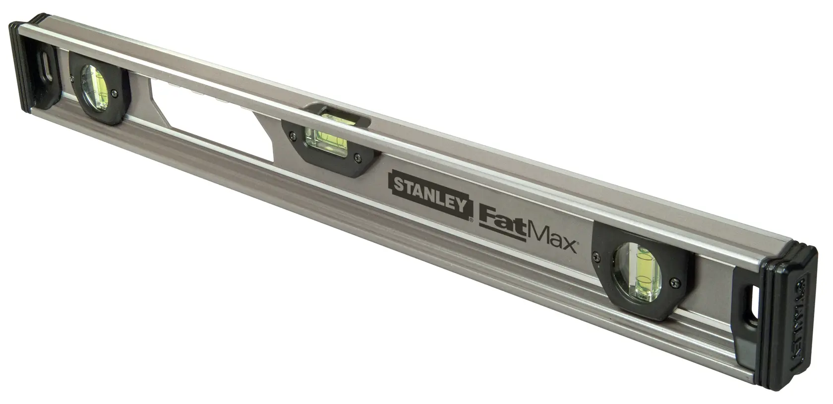 Stanley FatMax spirit level with three bubble vials, silver body and black end caps for precise leveling.