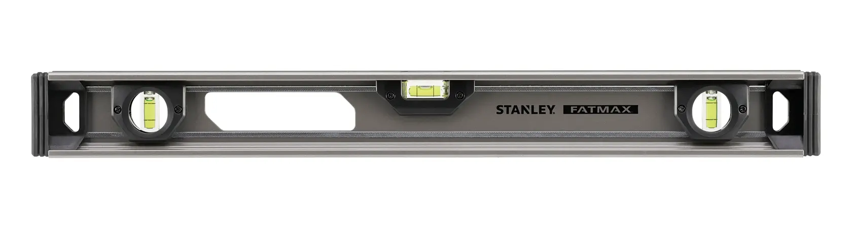 STANLEY XTHT1-42131 spirit level with three vials and handle, front angle on white background.