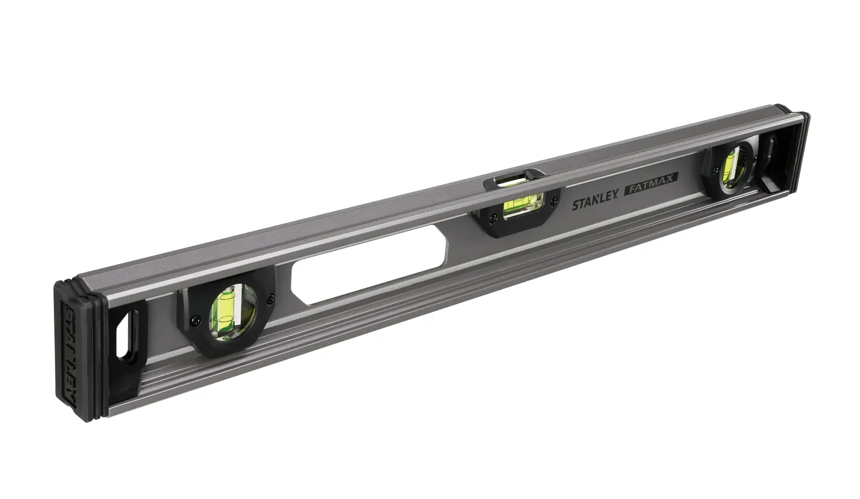 STANLEY XTHT1-42131 spirit level, grey and black, photographed at an angle on white background.