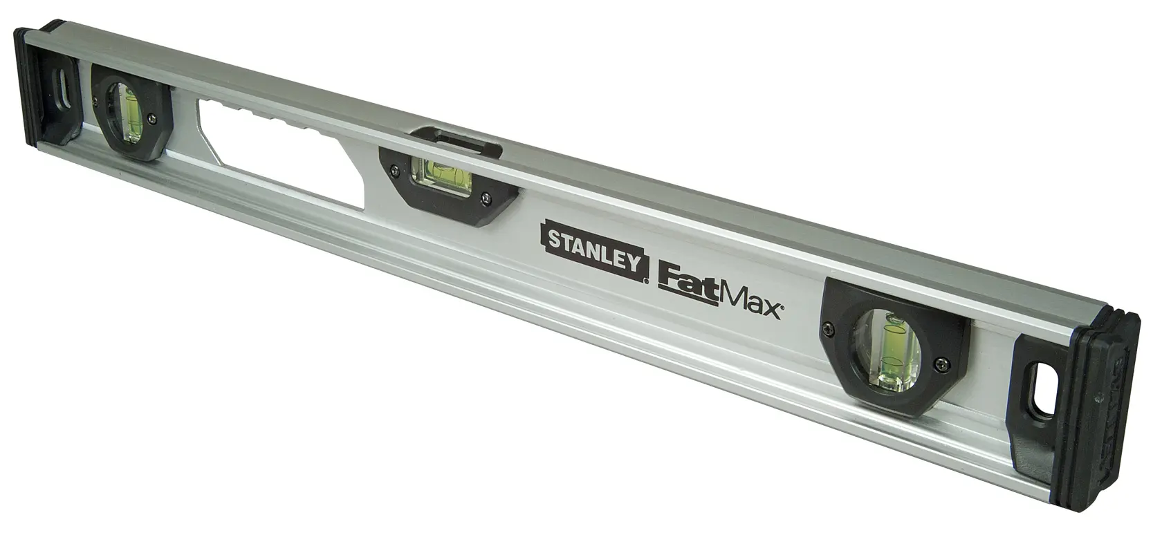 STANLEY XTHT1-42132 spirit level with aluminum body, three vials, and handle, angled on white background.