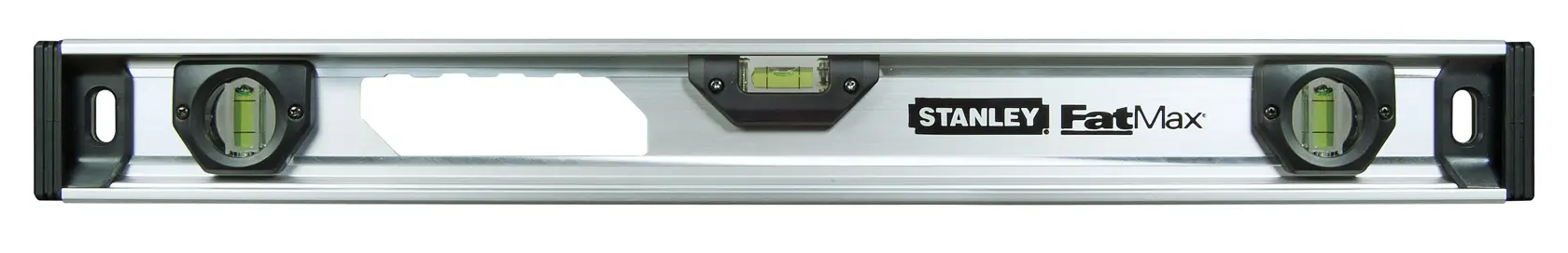 Photo of STANLEY XTHT1-42132 FatMax spirit level, silver body, front view, three bubble vials.