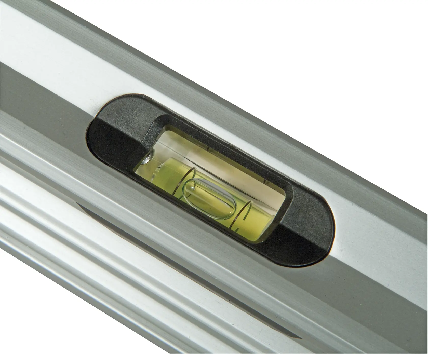 STANLEY XTHT1-42132 spirit level close-up showing yellow vial on white background.