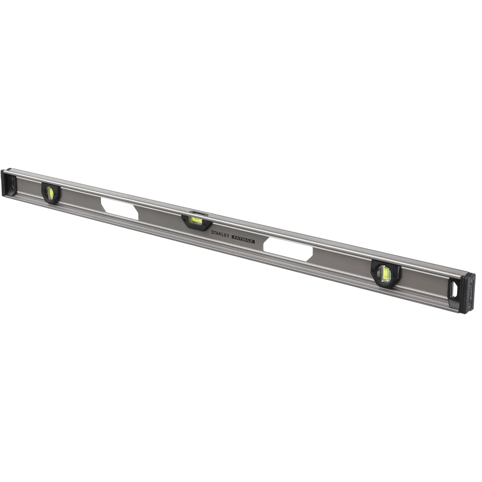 STANLEY XTHT1-42134 aluminum spirit level with three vials, side angle on white background.